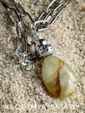 CHUNKY Olive-Green Jasper Teardrop Pendant Necklace with Silver Accents